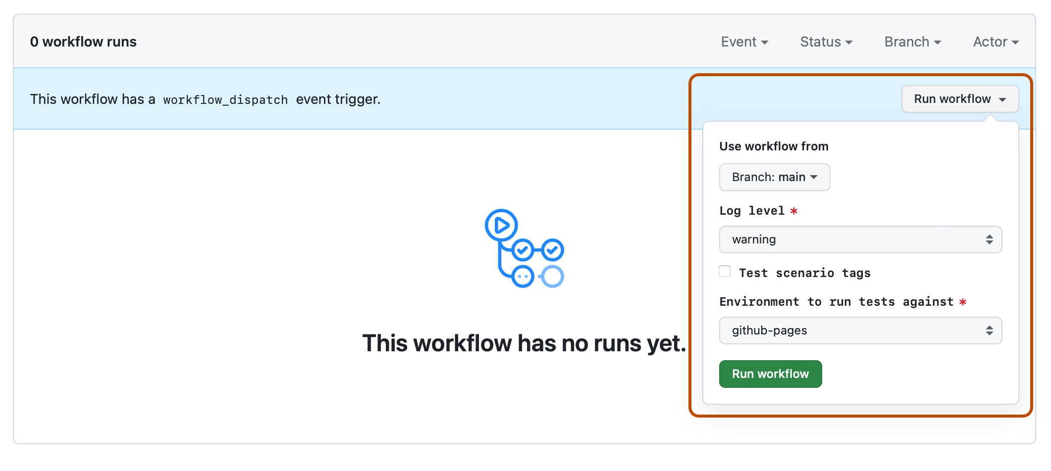 Screenshot of a list of workflow runs. A dropdown menu, labeled "Run workflow" and expanded to show input fields, is outlined in dark orange.