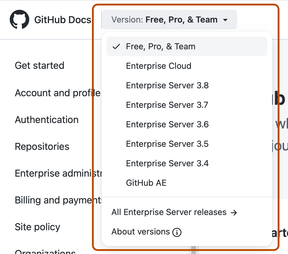 Screenshot of the header of GitHub Docs. The "Version" dropdown menu is expanded and highlighted with an orange outline.