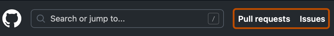 Screenshot of the header of any page on GitHub. The "Pull requests" and "Issues" tabs are highlighted with an orange outline.
