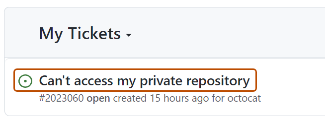 Screenshot showing a list of support tickets. A ticket's subject, "Can't access my private repository," is highlighted in orange.