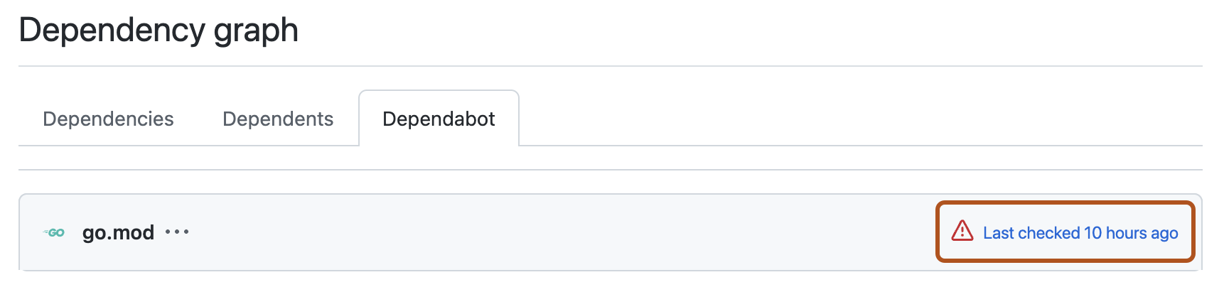 Screenshot of the Dependabot view. An alert icon, and a link, titled "Last checked 10 hours ago", is highlighted with an orange outline.