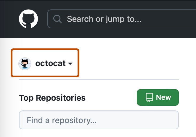 Screenshot of a user's dashboard page. In the top-left corner, a dropdown menu, labeled with @octocat and a downwards arrow, is outlined in dark orange.
