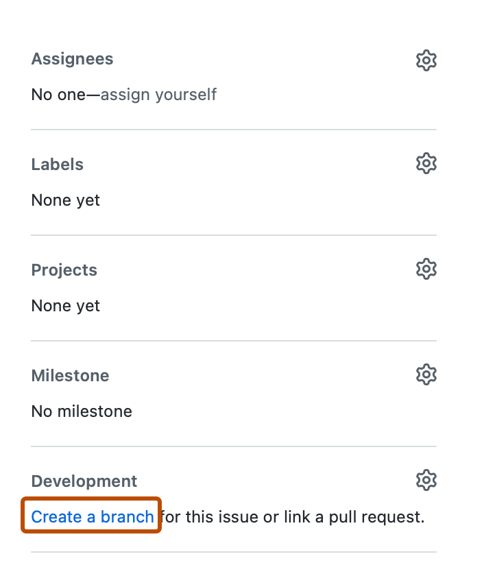 Screenshot of the issue sidebar. In the "Development" section, a link, labeled "Create a branch", is outlined in dark orange.