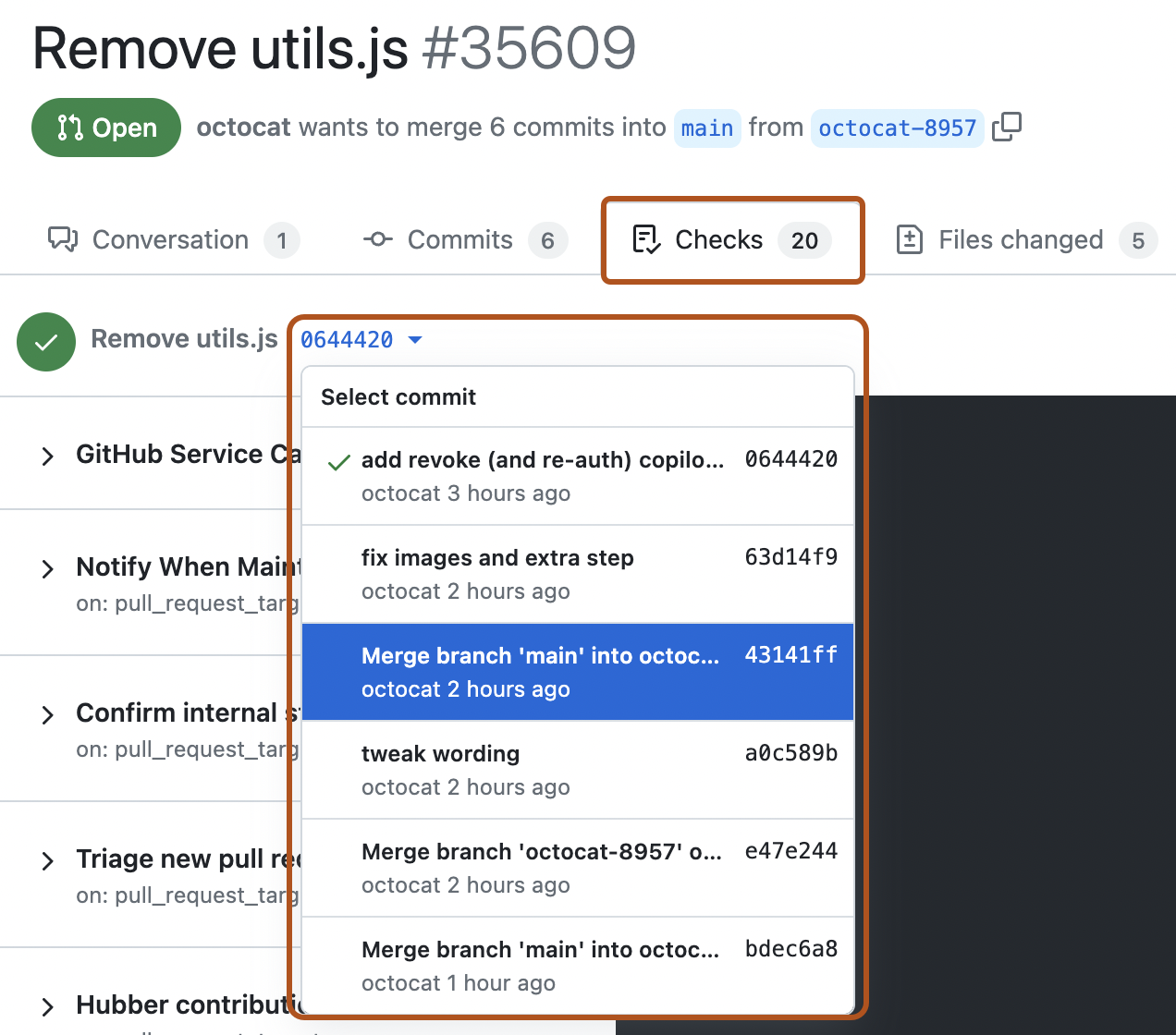 Screenshot of the "Checks" tab of a pull request. The "Checks" tab and the dropdown menu to select a commit are both outlined in dark orange.