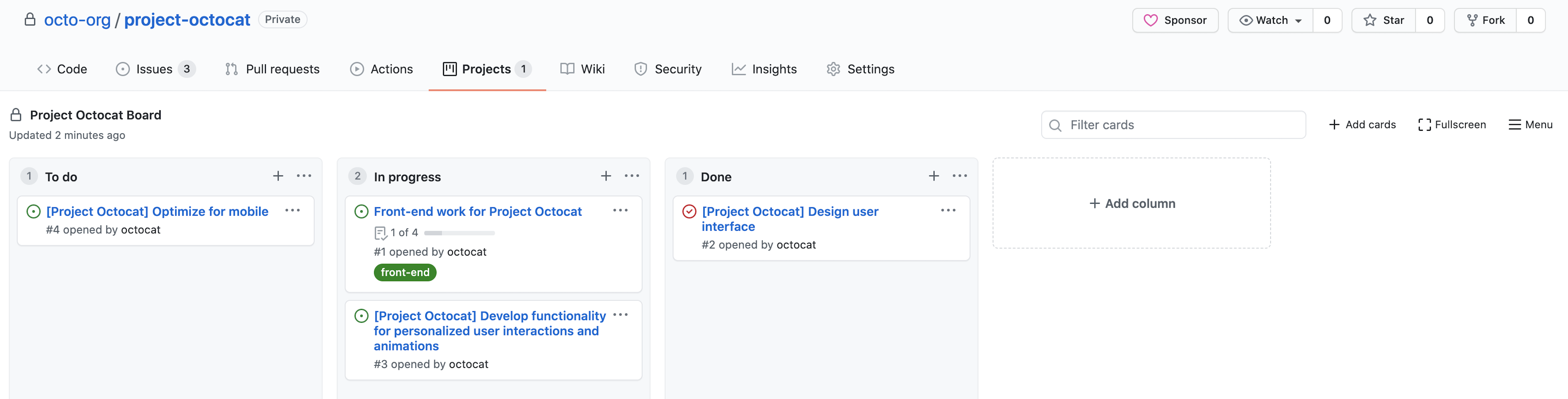 Screenshot of a project board called "Project Octocat Board," with issues organized into columns for "To do", "In progress," and "Done."