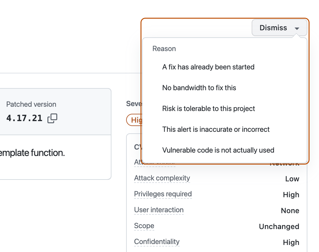 Screenshot of the alert details page with the **Dismiss alert** button highlighted with a dark orange outline.