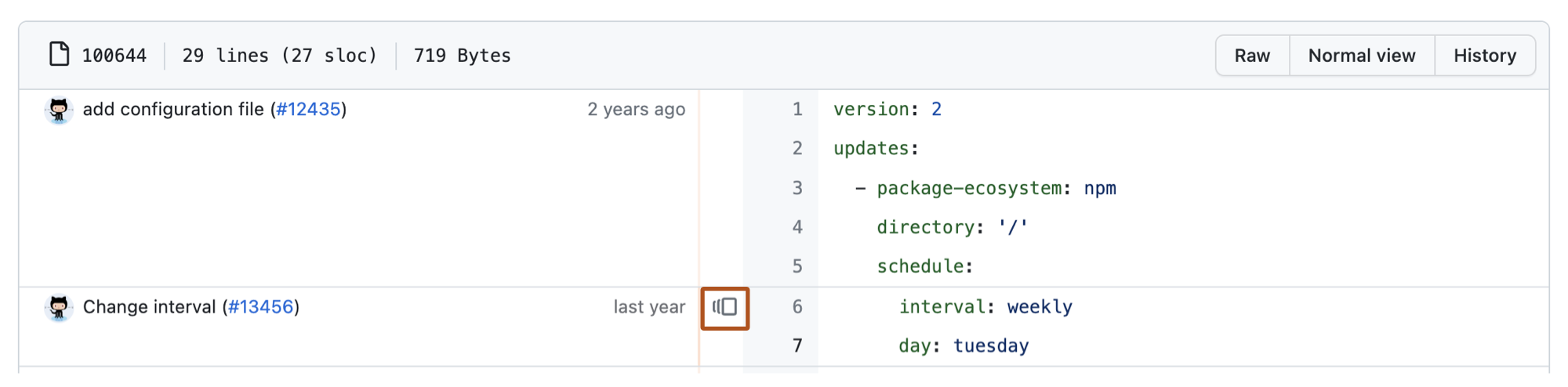 Screenshot of the "Blame" view of a file. To the right of a commit message, the versions icon is outlined in dark orange.