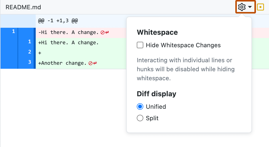 Screenshot of the diff view of a "README" file. A gear icon is outlined in orange above an expanded dropdown displaying "Whitespace" and "Diff display" settings.