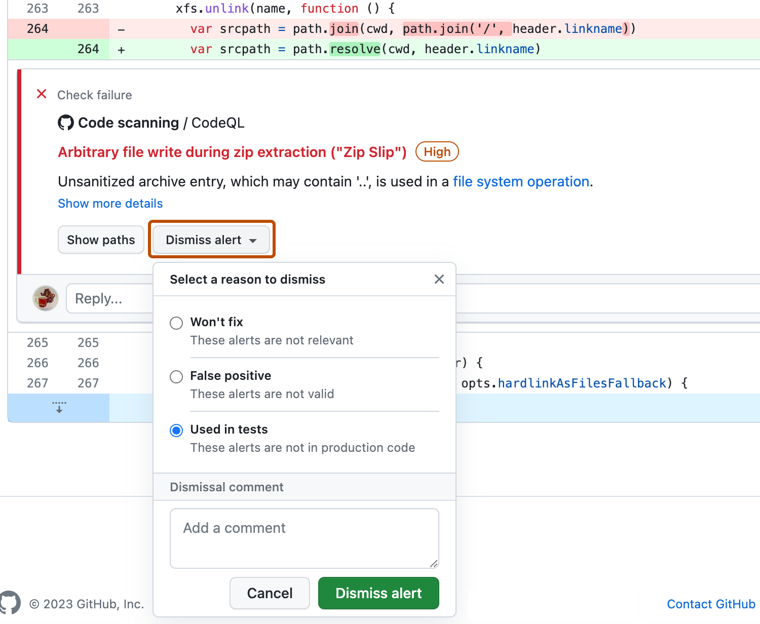 Screenshot of the check failure for a code scanning alert in a pull request. The "Dismiss alert" button in the check failure is highlighted in dark orange. The "Dismiss alert" drop-down is displayed.