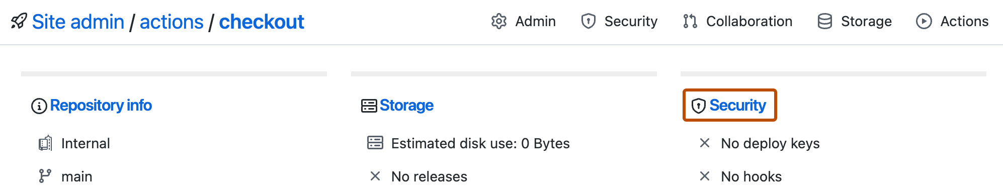 Screenshot of the site admin details for a repository. The "Security" link is highlighted with an orange outline.