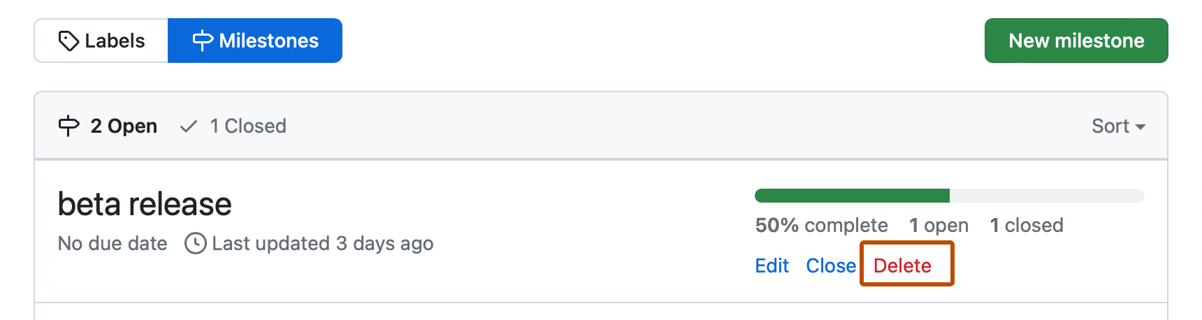 Screenshot of the list of milestones for a repository. Within the entry for the "beta release" milestone, a red "Delete" link is outlined in dark orange.