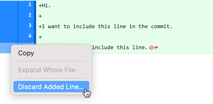 Screenshot of the diff view of a file. In a context menu, a cursor hovers over "Discard Added Line", highlighted in blue.
