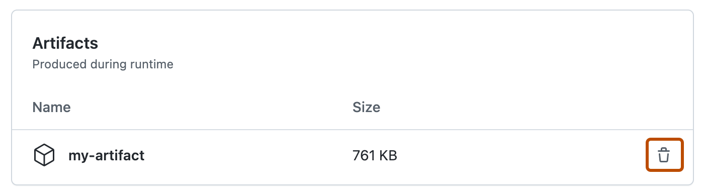 Screenshot showing artifacts created during a workflow run. A trash can icon, used to remove an artifact, is outlined in dark orange.