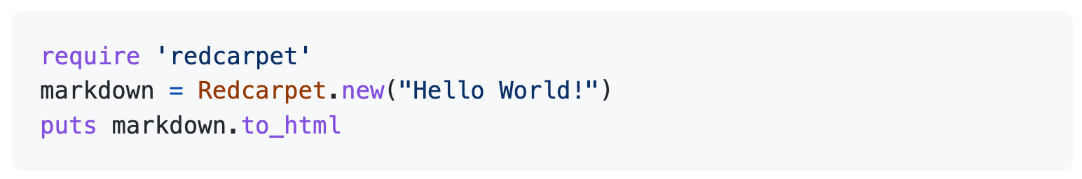 Screenshot of three lines of Ruby code as displayed on GitHub. Elements of the code display in purple, blue, and red type, making the lines more visually scannable.