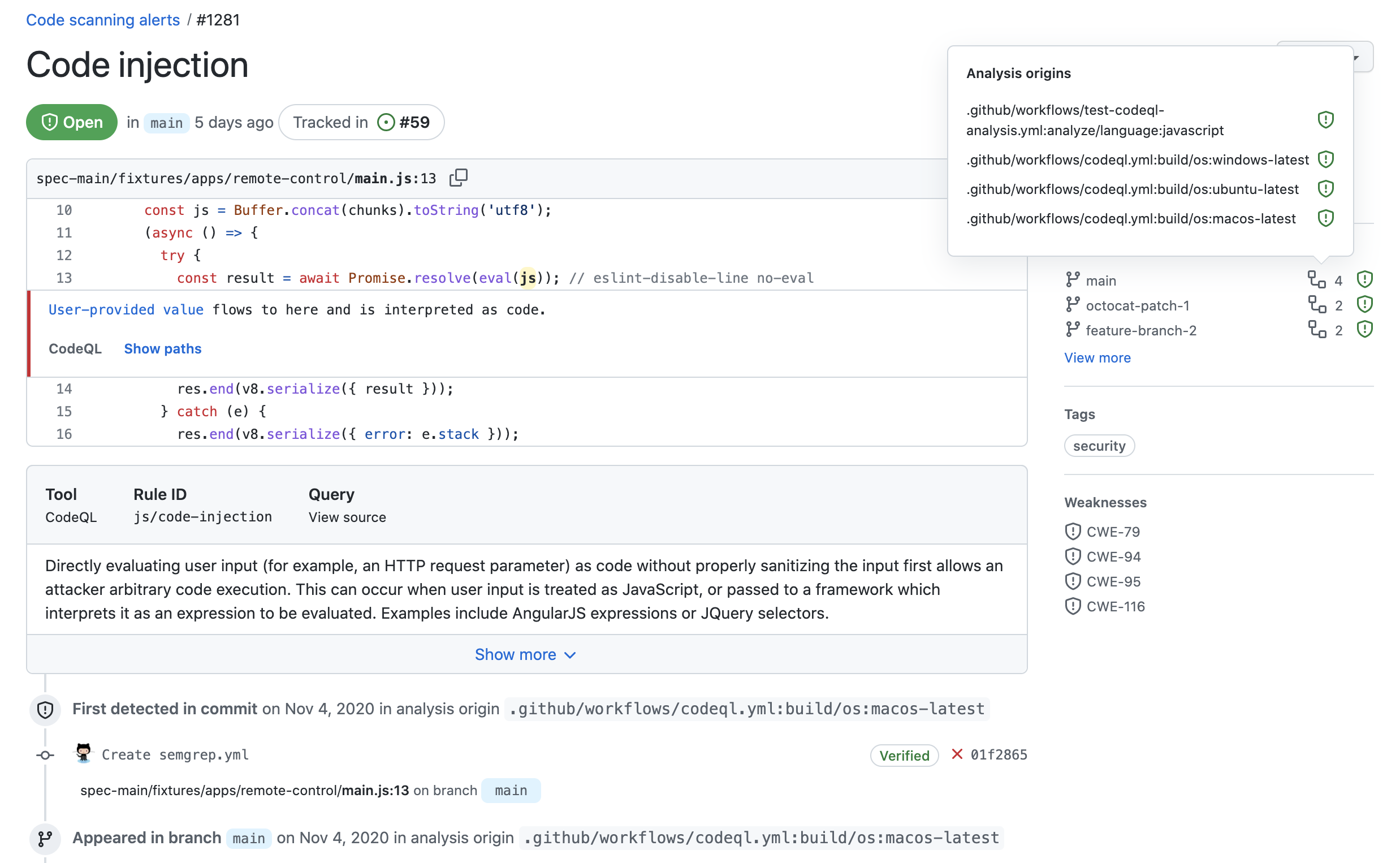 Screenshot showing a code scanning alert with multiple analysis origins.