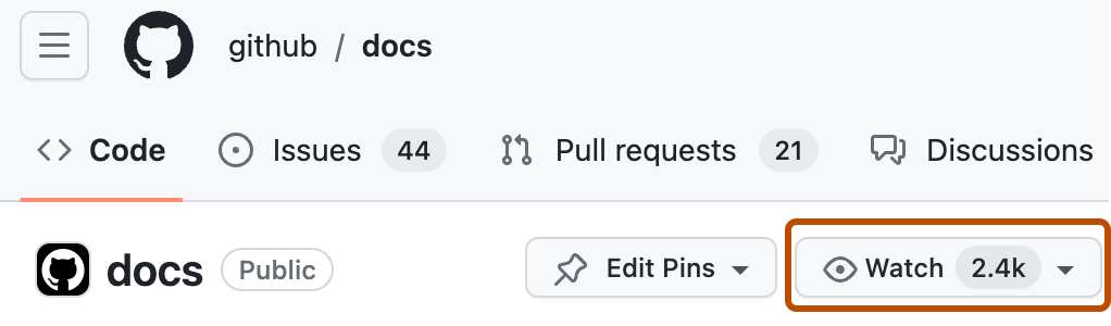 Screenshot of the main page of the github/docs repository. A button, labeled with an eye icon and "Watch 2.1k", is outlined in dark orange.