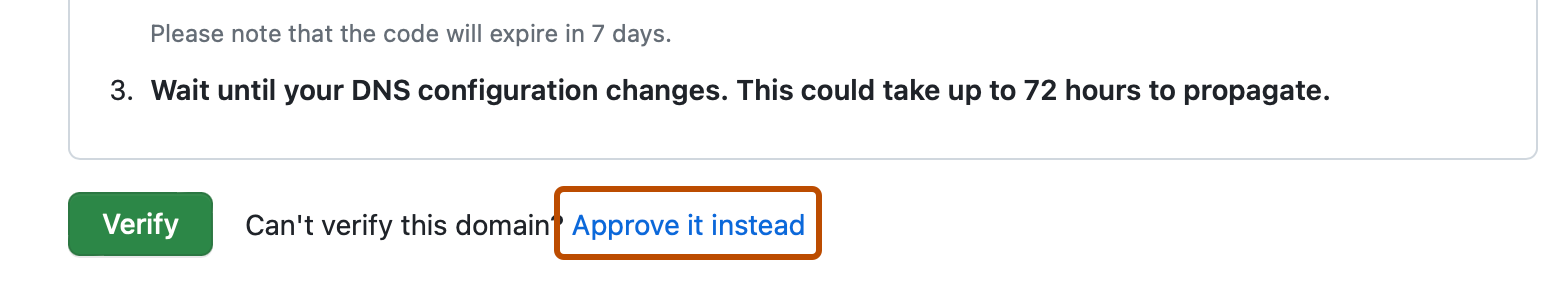 Screenshot of the "Verify domain" page. To the right of the "Verify" button, a link, labeled "Approve it instead," is outlined in dark orange.