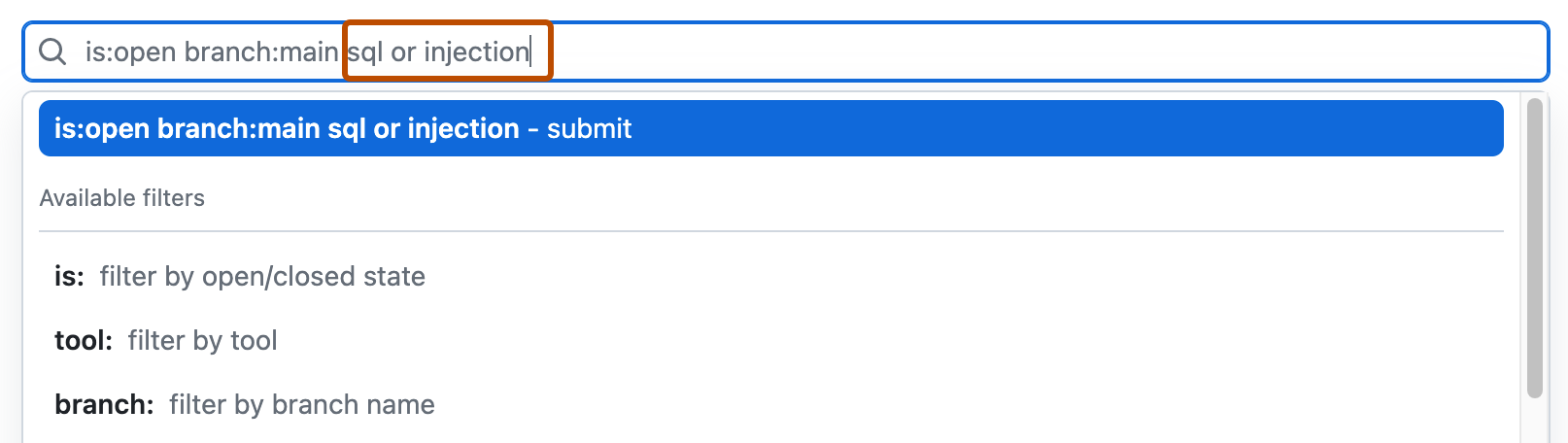 Screenshot of the search field on the code scanning alerts view. The field includes the pre-defined filters "is: open branch:main". The free text of "sql or injection" is outlined in dark orange.