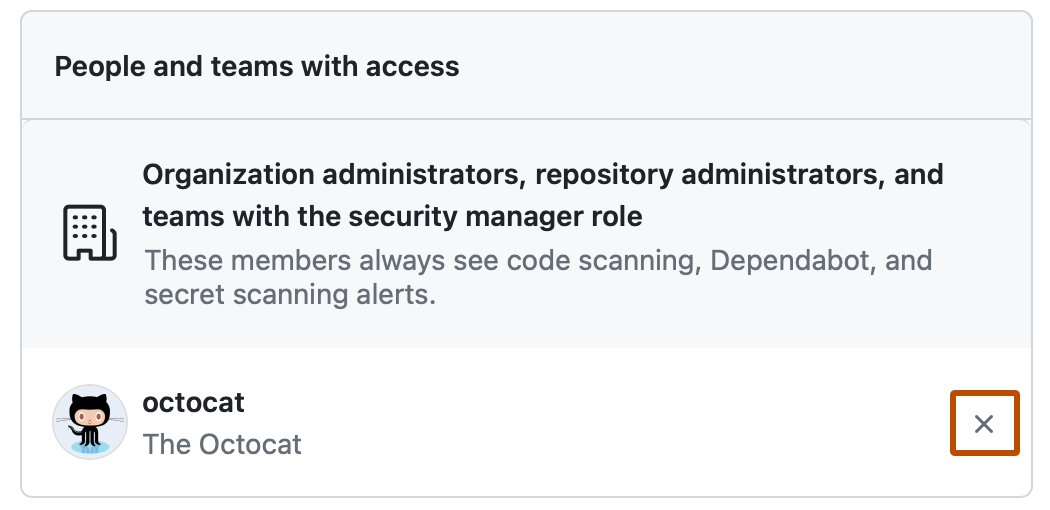 Screenshot of the list of users with access to alerts. To the right of @octocat, an x icon is outlined in dark orange.