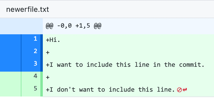 Screenshot of the diff view of a text file. Next to the text "I don't want to include this line", the background color behind the line numbers is green, not blue.