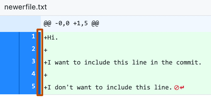 Screenshot of the diff view of a file. To the right of the line numbers, a narrow, darker blue line is highlighted with an orange outline.