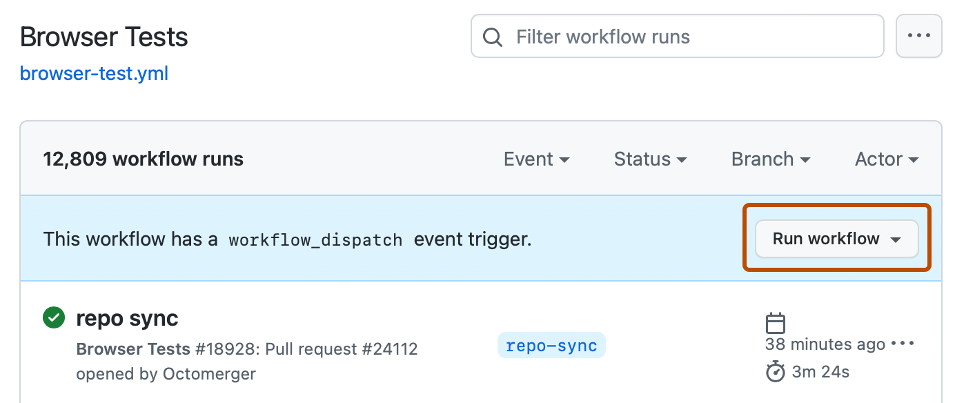 Screenshot of a workflow page. Above the list of workflow runs, a button, labeled "Run workflow", is outlined in dark orange.