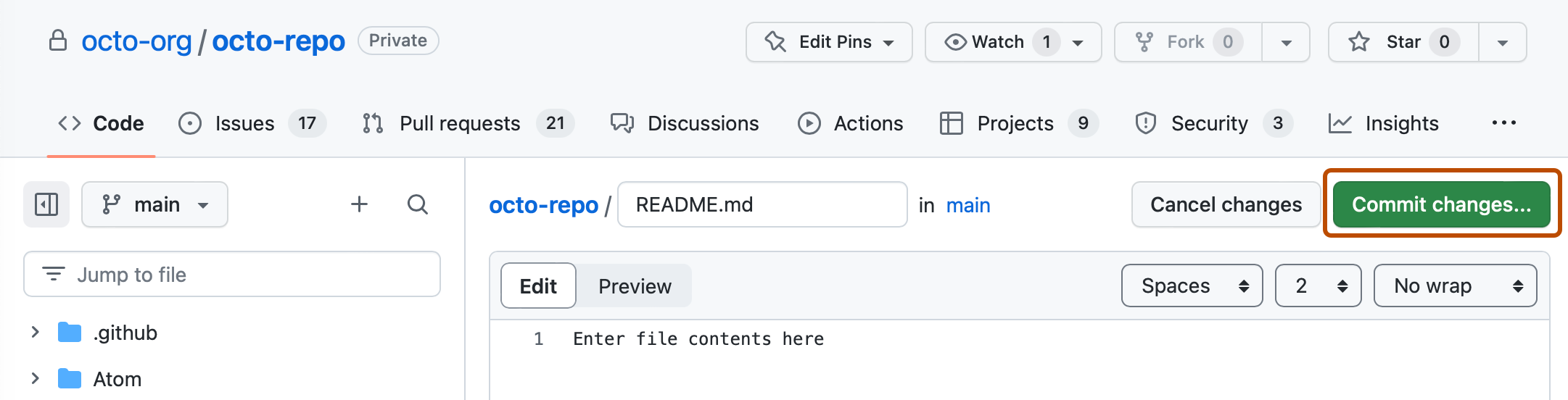 Screenshot of the form to create a new file. To the right of the file name, a green button, labeled "Commit changes...", is outlined in dark orange.