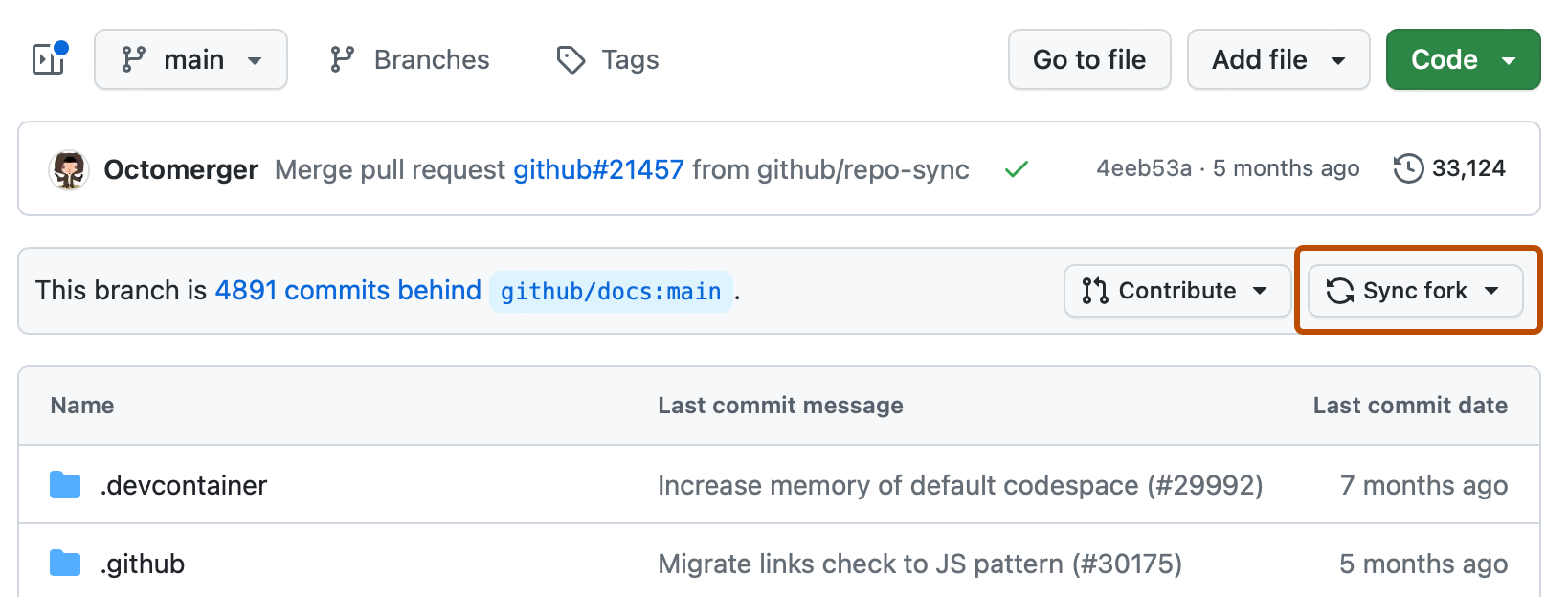 Screenshot of the main page of a fork. A dropdown menu, labeled with a sync icon and "Sync fork," is outlined in dark orange.