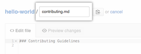Screenshot showing a repository file open for editing in the web browser. The file name field is active and shown in the foreground.
