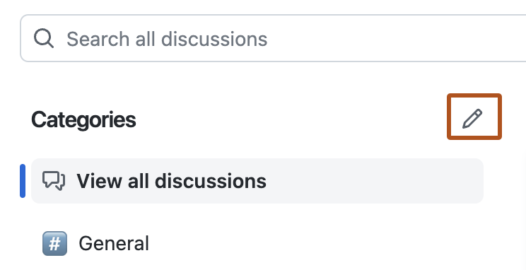 Screenshot of the "Categories" menu on the Discussions page. The pencil icon for editing categories is highlighted with an orange outline.