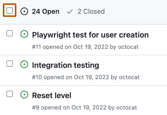 Screenshot of the list of issues for a repository. In the header above the list, a checkbox to select all issues is outlined in dark orange.