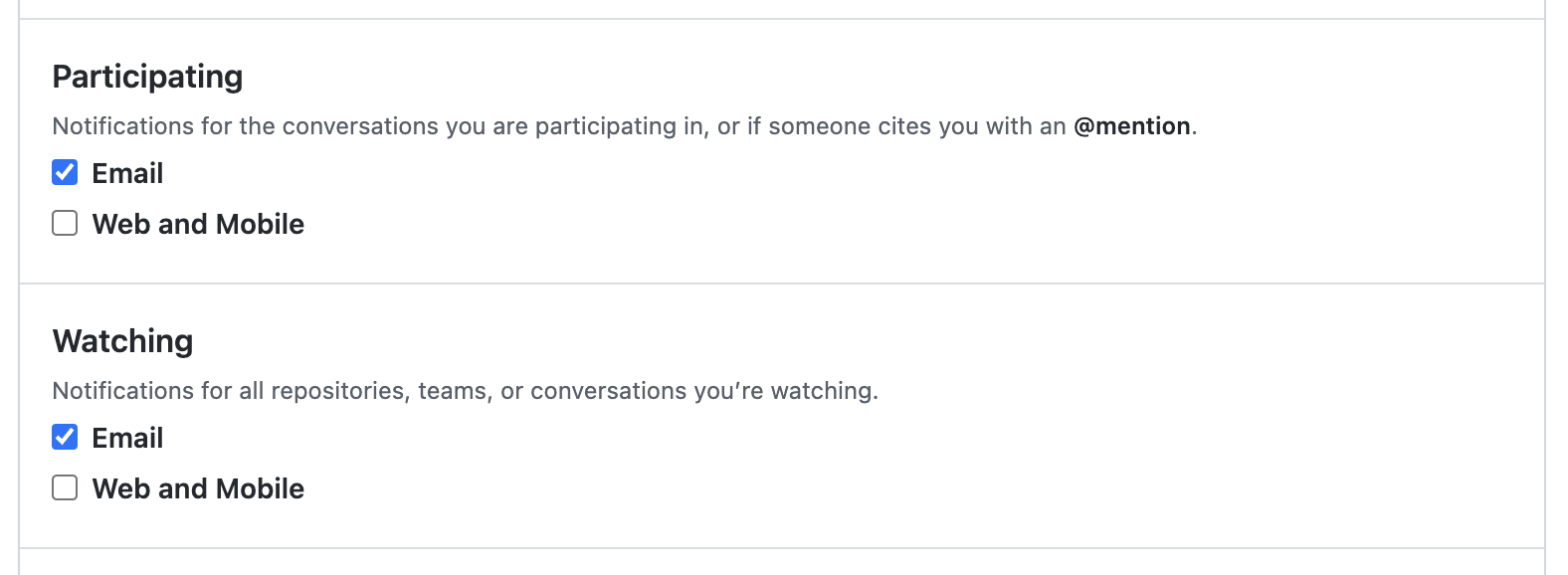 Screenshot of the "Notification settings" page. The "Participating" and "Watching" settings are shown, each with two checkbox options, titled "Email" and "Web and Mobile".