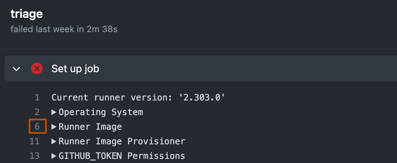 Screenshot of the logs for a job. The logs for a failed step are expanded, and a line number is highlighted with an orange outline.