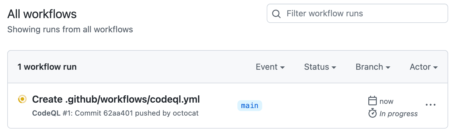 Screenshot of the "All workflows" page. In the list of workflow runs is a run labeled "Create .github/workflows/codeql.yml."