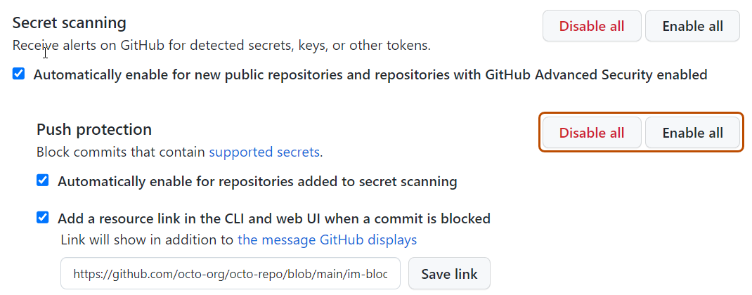 Screenshot of the "Push protection" section of the "Code security and analysis" page. Two buttons, labeled "Enable all" and "Disable all", are highlighted with a dark orange outline.