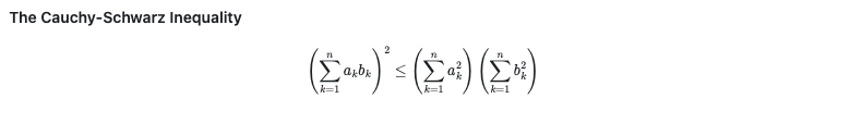 Screenshot of rendered Markdown showing how a complex equation displays on GitHub. The bolded text reads "The Cauchy-Schwarz Inequality". Below the text, there is an equation showing open paren the sum from k equals 1 to n of a sub k b sub k close paren squared is less than or equal to open paren the sum from k equals 1 to n of a sub k squared close paren times open paren the sum from k equals 1 to n of b sub k squared close paren.