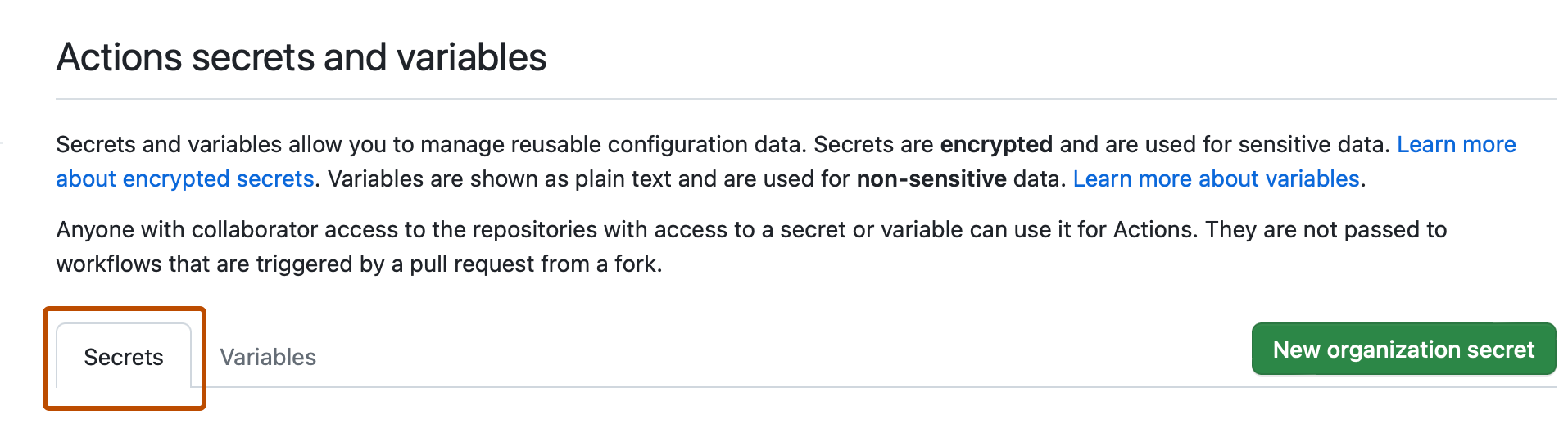 Screenshot of the "Actions secrets and variables" page. A tab, labeled "Secrets," is outlined in dark orange.