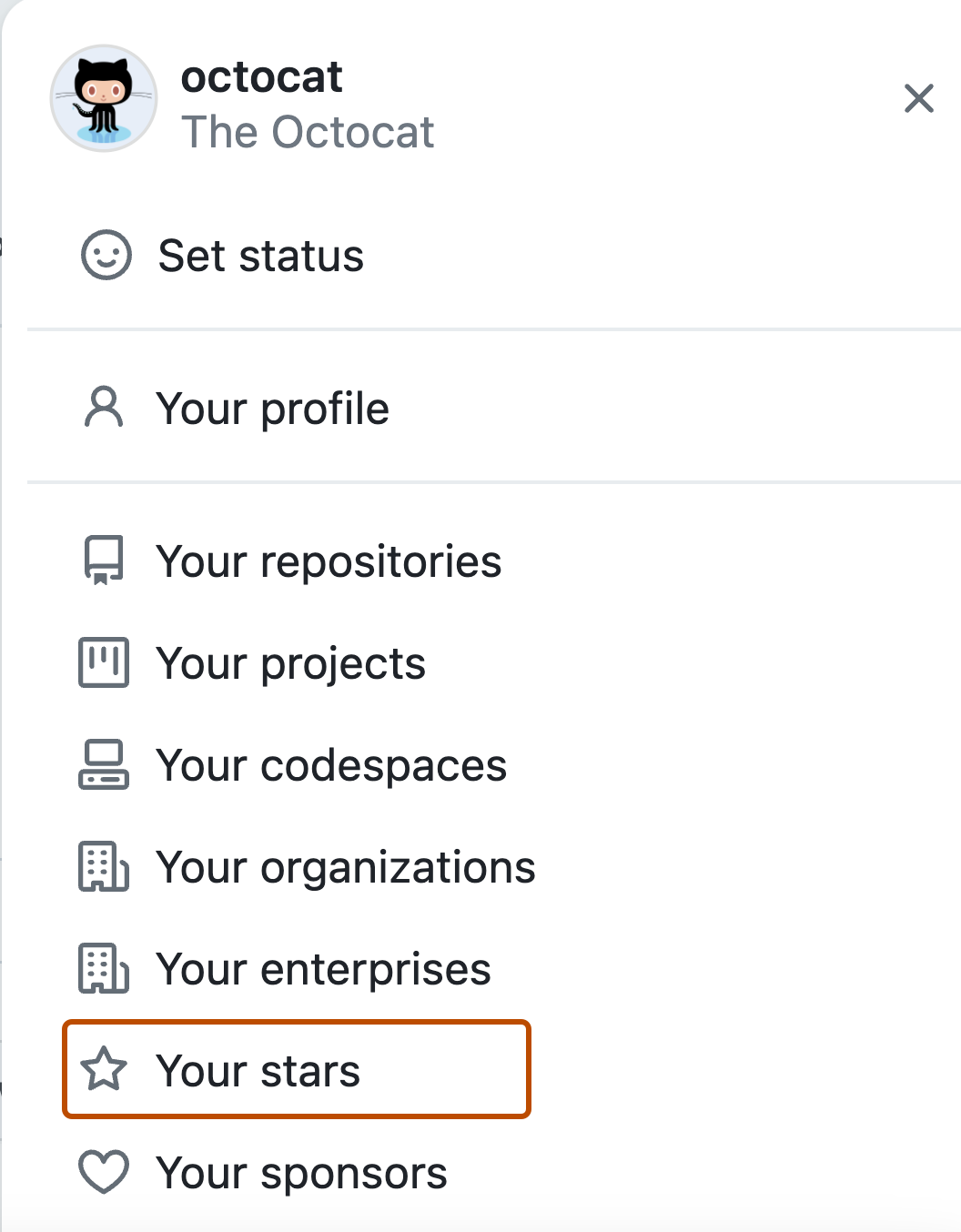 Screenshot of the profile menu for octocat. The "Your stars" option is highlighted with an orange outline.