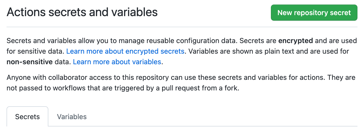 Screenshot of the "Actions secrets and variables" page.