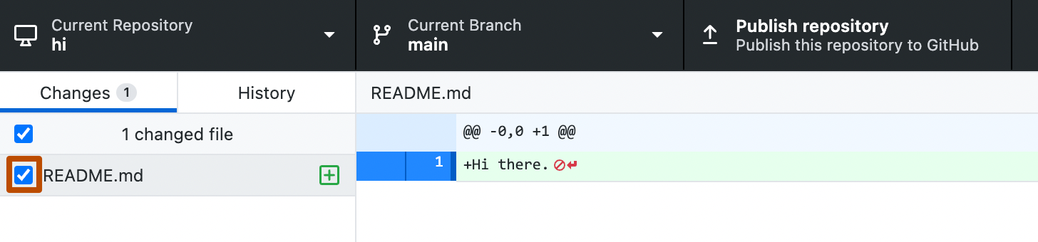 Screenshot of the "Changes" tab in the sidebar. To the left of the "README.md" file, a selected checkbox is highlighted with an orange outline.