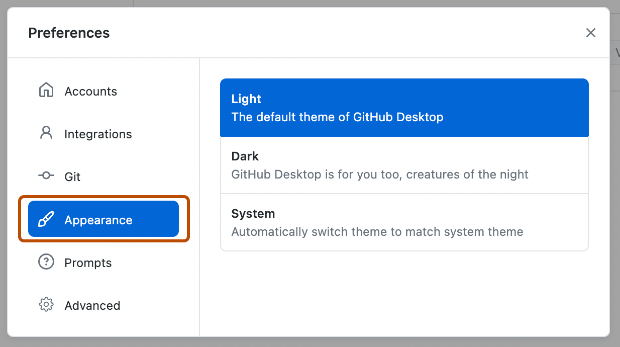 Screenshot of the "Preferences" window. In the left sidebar, the "Appearance" option is highlighted in blue and outlined in orange.