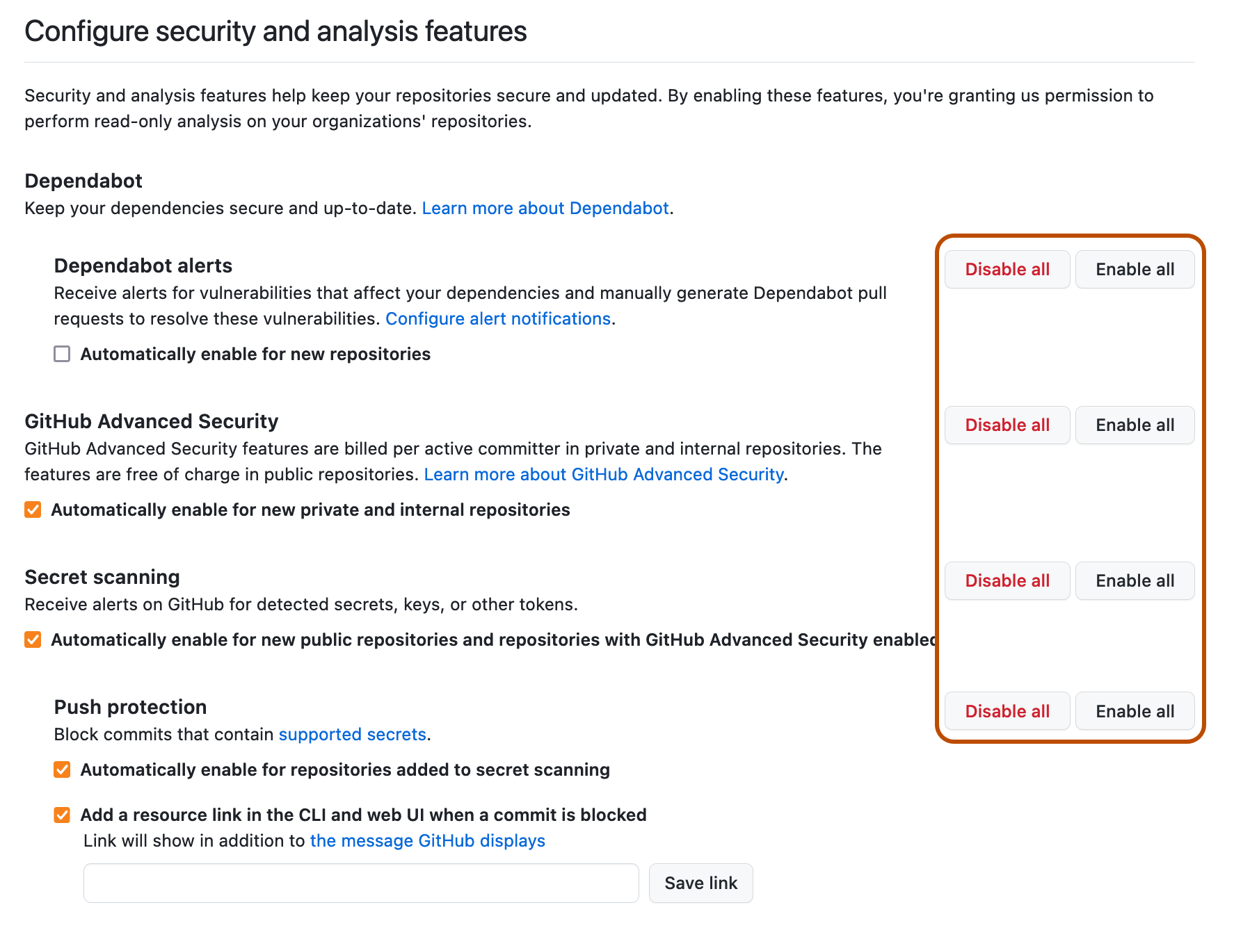 Screenshot of the "Configure security and analysis features" section of the enterprise settings. To the right of each setting are "Enable all" and "Disable all" buttons, which are outlined in dark orange.