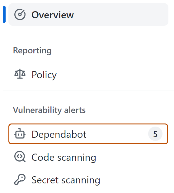 Screenshot der Sicherheitsübersicht mit dunkelorange umrandeter Registerkarte „Dependabot“.