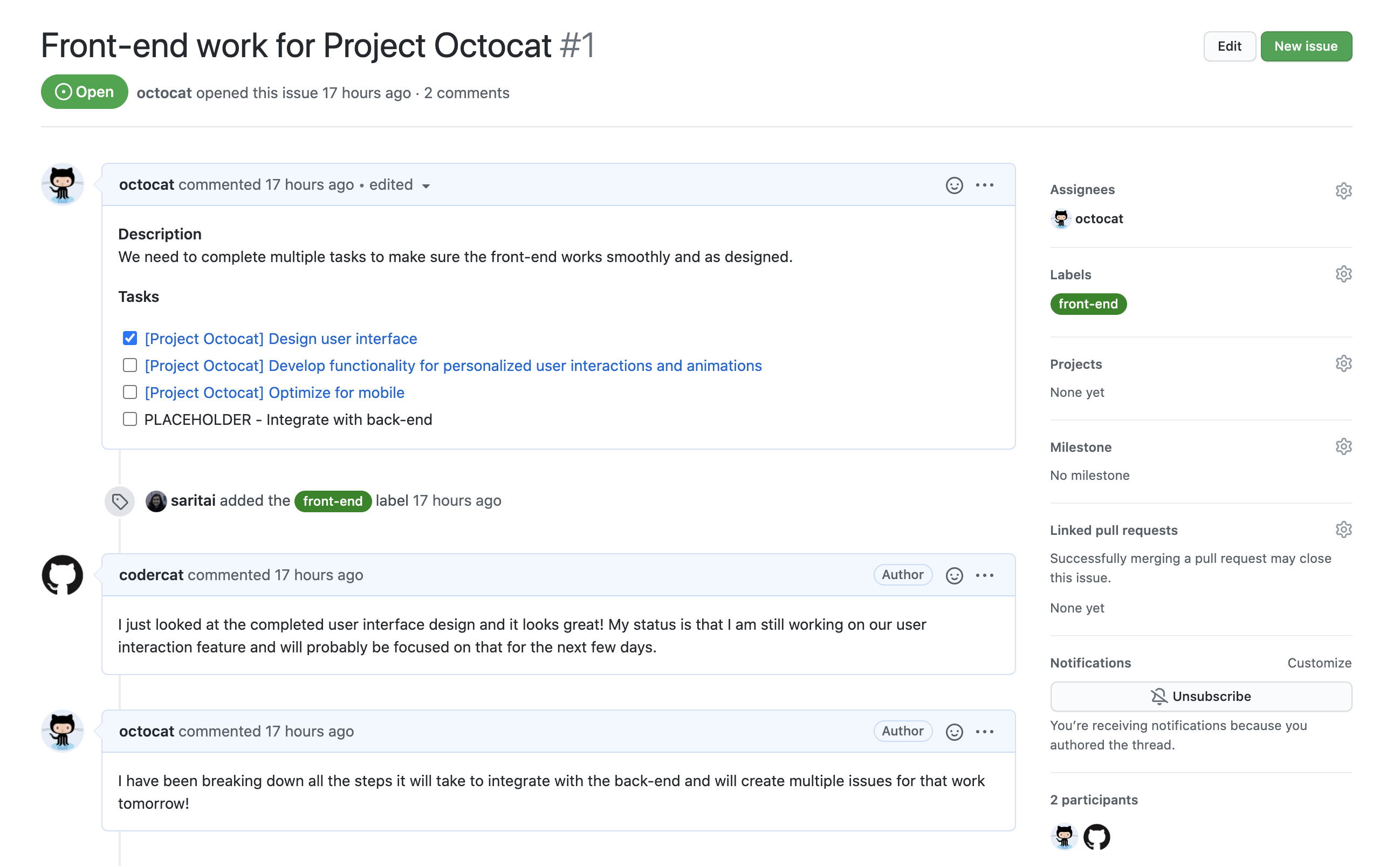 Снимок экрана: проблема с именем Front-end work for Project Octocat. Примечания из обоих @codercat и @octocat предоставление обновлений состояния для работы.