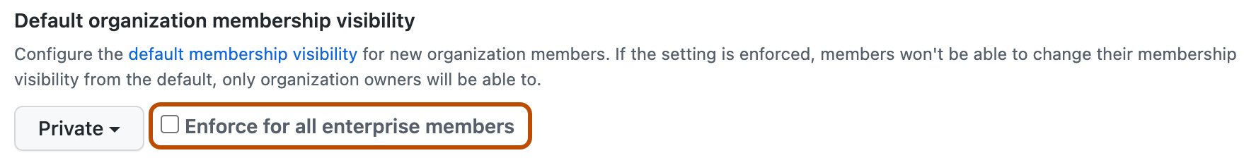 Screenshot of the "Default organization membership visibility" section on the enterprise's policies page. The "Enforce for all enterprise members" checkbox is highlighted with an orange outline.