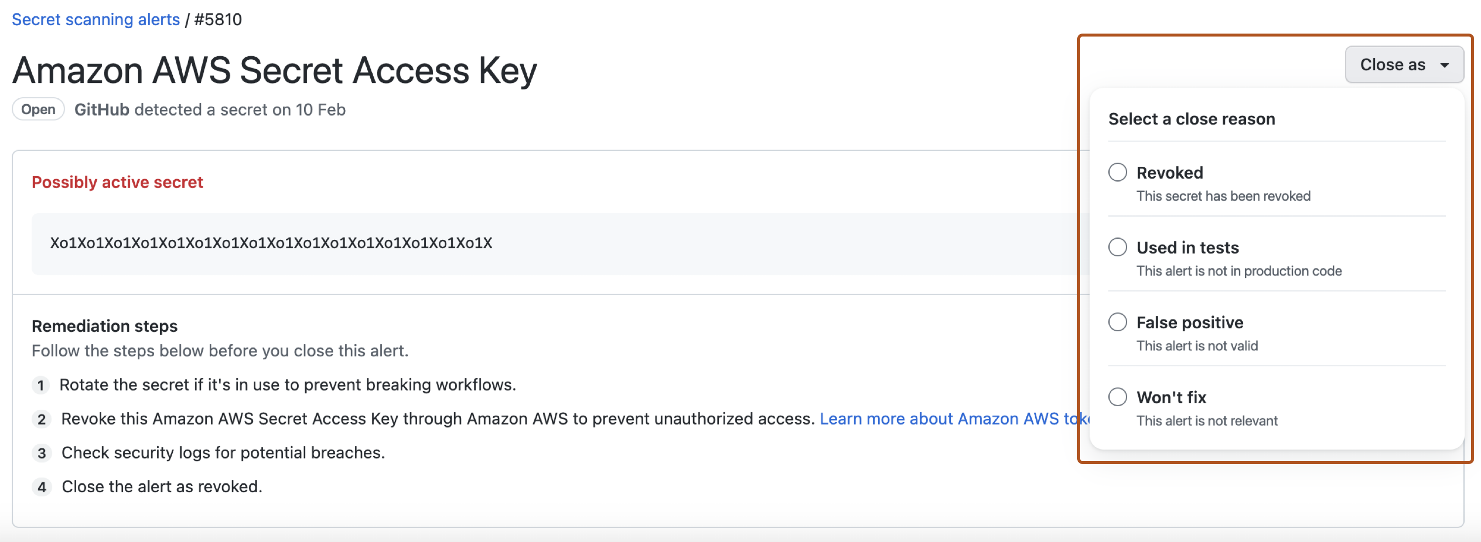 Screenshot of a secret scanning alert. A dropdown menu, titled "Close as", is expanded and highlighted in a dark orange outline.