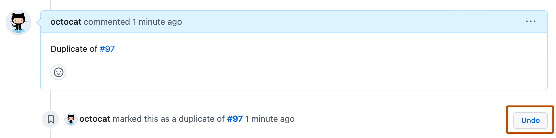 Screenshot of an issue timeline. To the right of a timeline event about the issue being marked as duplicate, a button, labeled "Undo", is outlined in dark orange.
