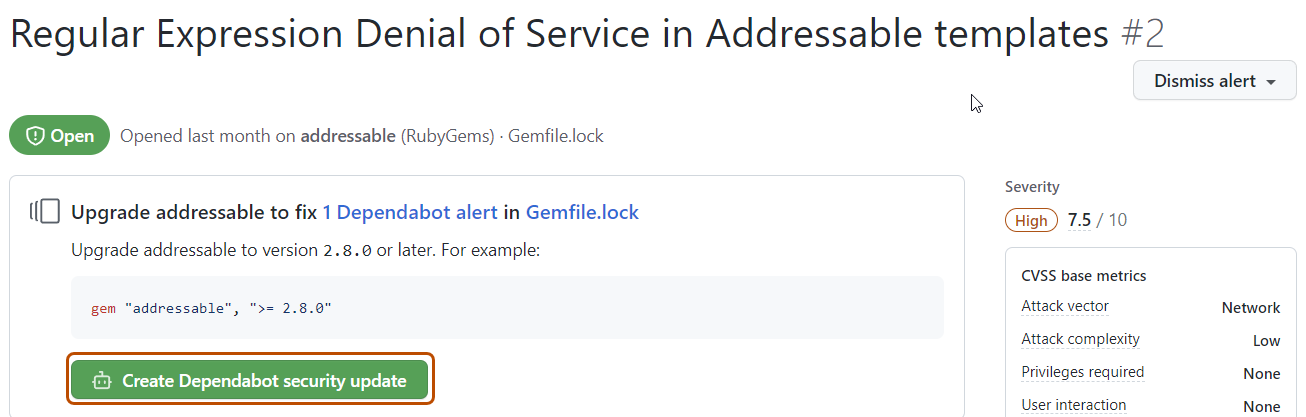 Screenshot einer Dependabot-Warnung mit der Schaltfläche „Dependabot-Sicherheitsupdate erstellen“, die dunkelorange umrandet ist.