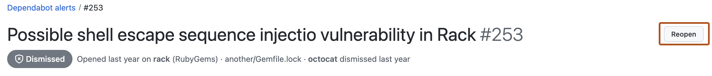 Screenshot: geschlossene Dependabot-Warnung Eine Schaltfläche mit dem Titel „Erneut öffnen“ ist dunkelorange umrandet.