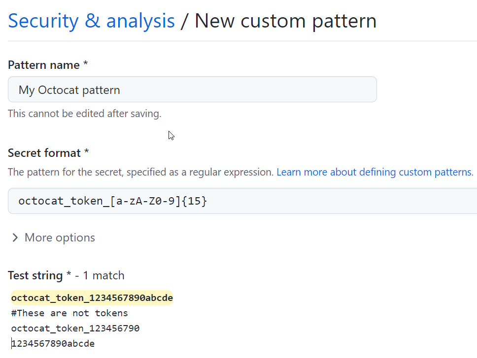 Screenshot of a filled custom secret scanning pattern form.